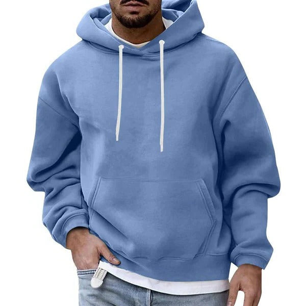 Mens Hoodie With Front Pocket Drawstring Hood Relaxed Fit Cozy Light Blue By TrendAura
