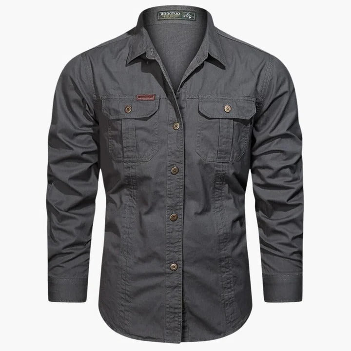 TrendAura Men's Long Sleeve Cargo Shirt With Front Chest Pockets For Everyday Wear Khaki