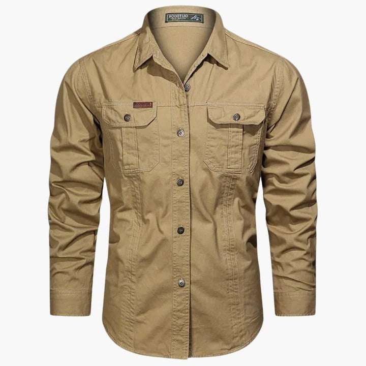 TrendAura Men's Long Sleeve Cargo Shirt With Front Chest Pockets For Everyday Wear Khaki