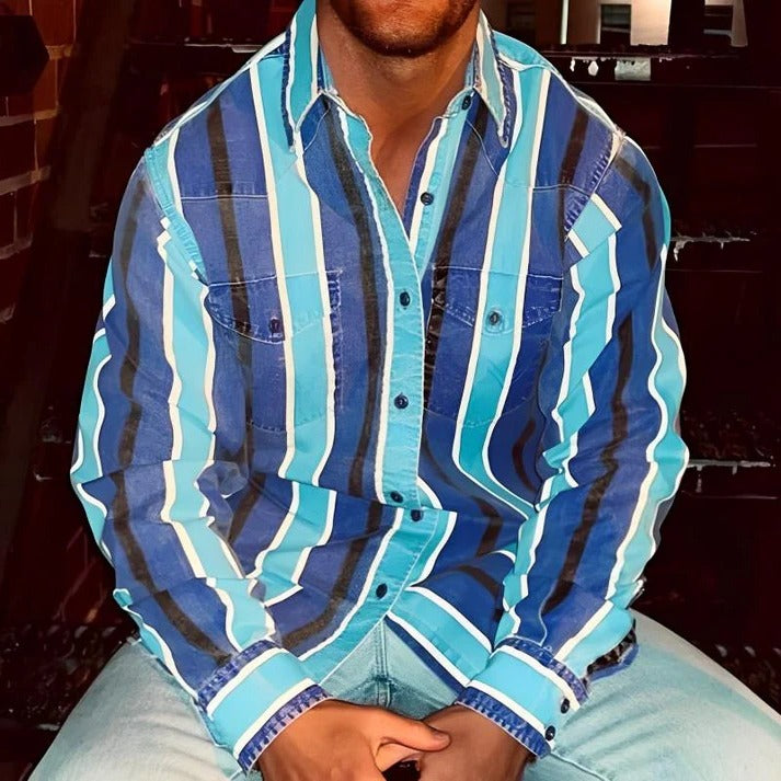 TrendAura Mens Retro Color Block Stripe Shirt Loose Fit Long Sleeve Casual Everyday Top