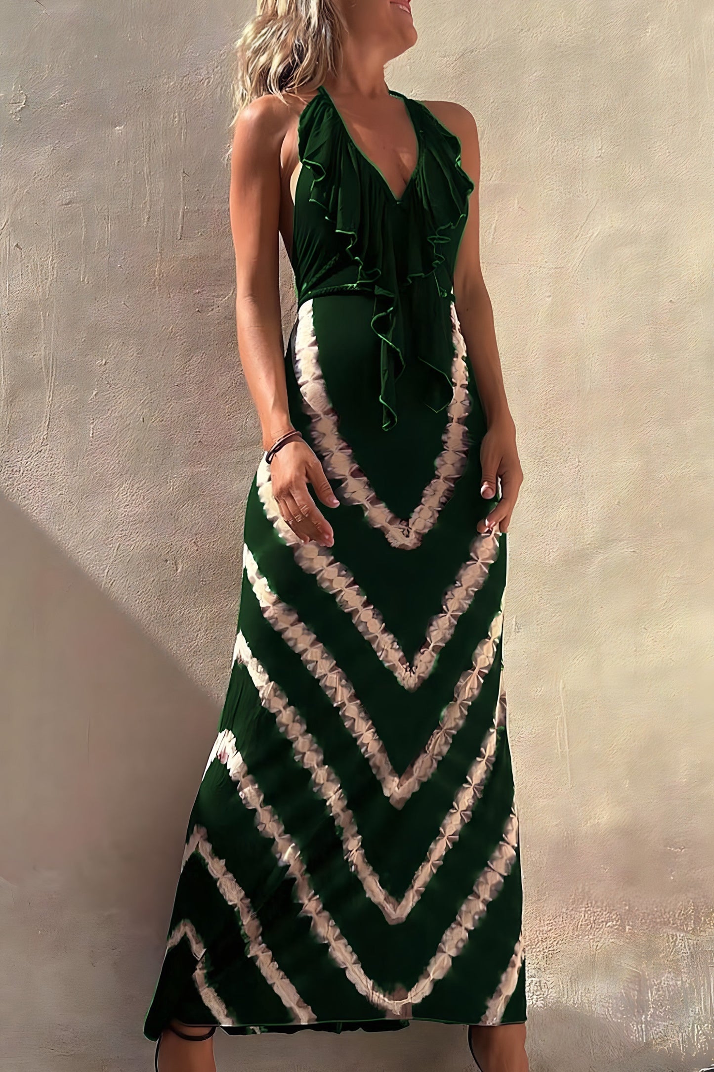 Women's Maxi Dress - Halterneck - V-neck with Ruffle Details - Light and Flowy