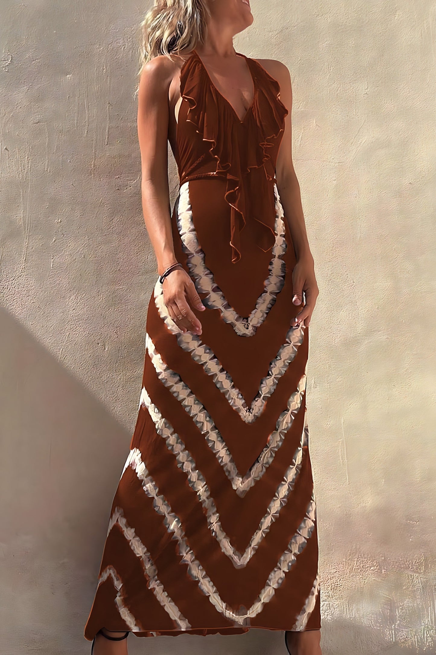 Women's Maxi Dress - Halterneck - V-neck with Ruffle Details - Light and Flowy