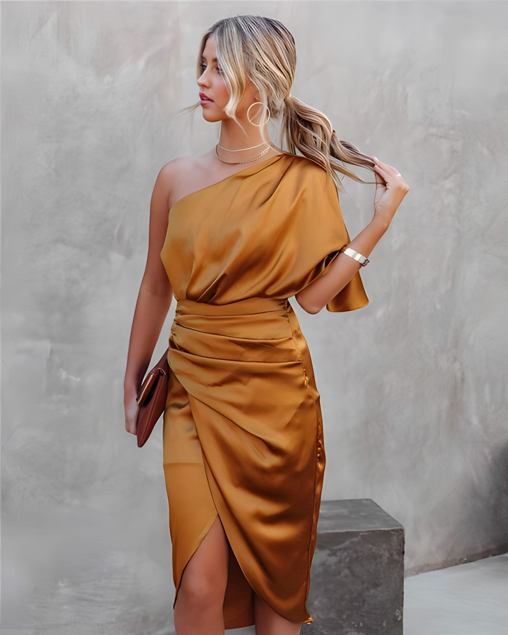 Women's One-Shoulder Dress - Satin Finish - Draped Design - Slit Skirt Elegant Party Wear