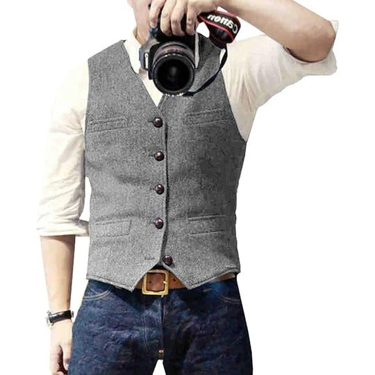 TrendAura Men's Denim Vest With Button Closure And Practical Pockets For Versatile Casual Layering