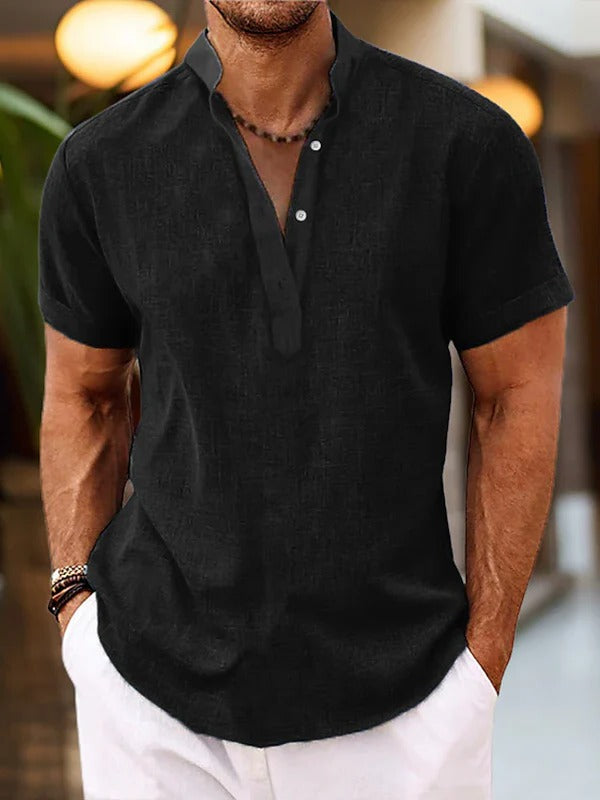 TrendAura Mens Short Sleeve Shirt With Placket Mandarin Collar For Casual Everyday Wear