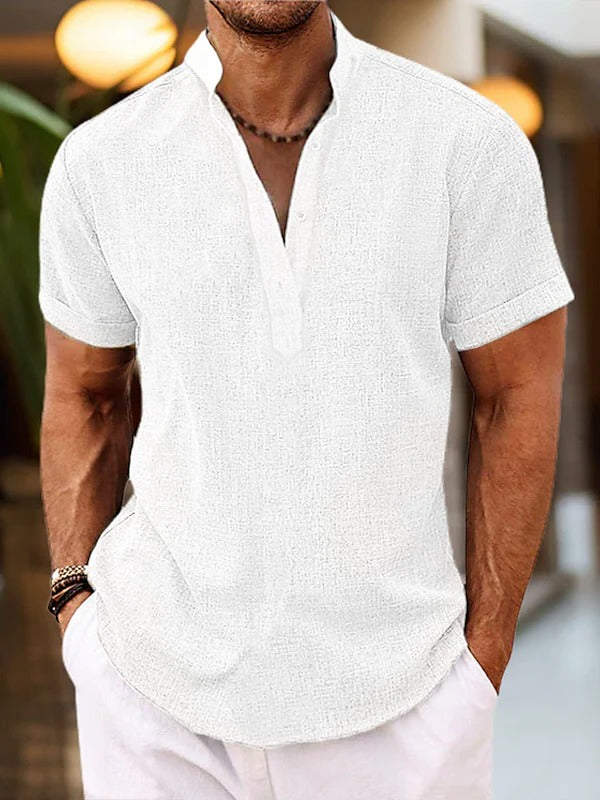 TrendAura Mens Short Sleeve Shirt With Placket Mandarin Collar For Casual Everyday Wear