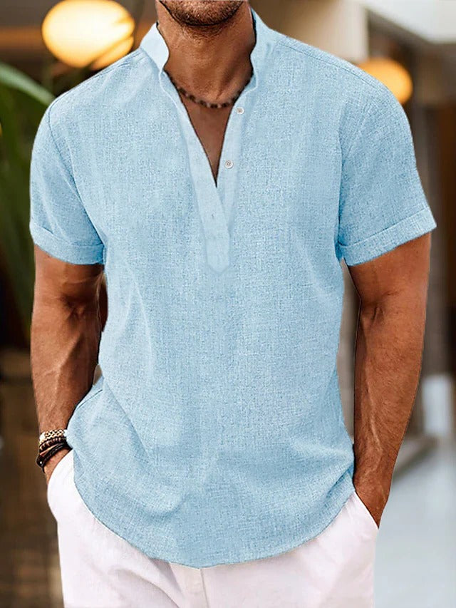 TrendAura Mens Short Sleeve Shirt With Placket Mandarin Collar For Casual Everyday Wear
