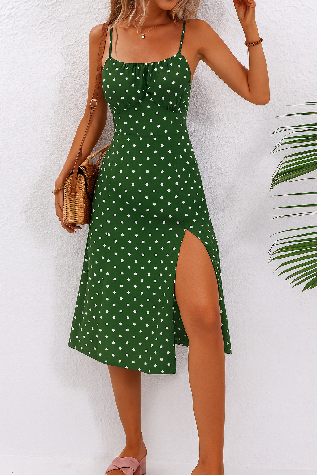 Women's Polkadot Midi Dress with Flattering Fit and Sleeveless Design