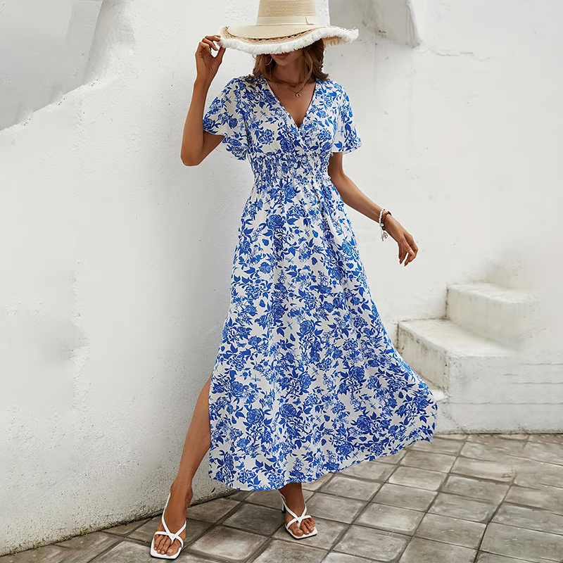 Women's Boho Beach Dress with V Neck and Flowy Design - TrendAura