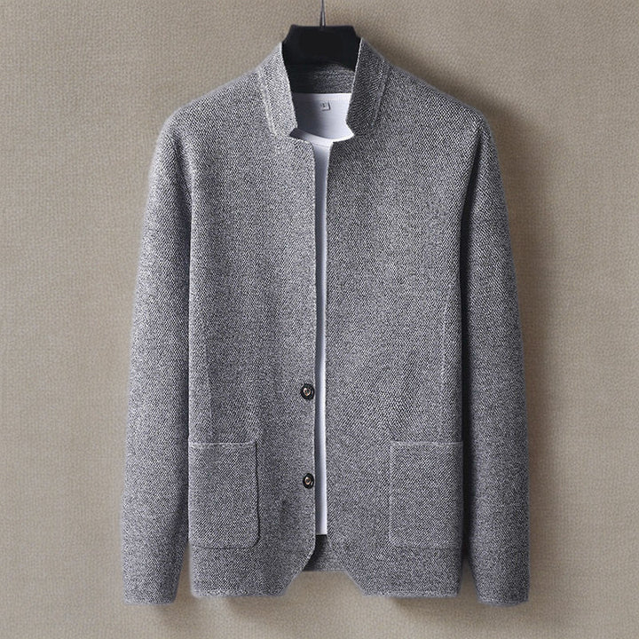 TrendAura Men's Cashmere Knit Cardigan With Stand Collar Deep Pockets Slim Silhouette