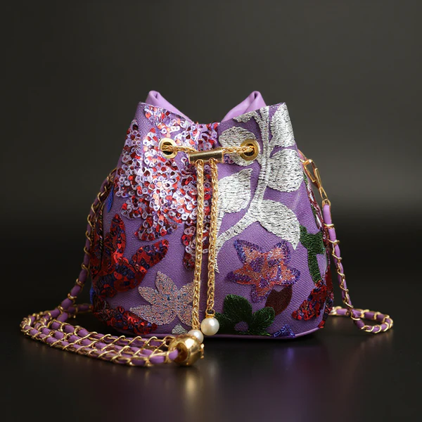 TrendAura Carmelle Sequin Bag - Hand Embellished Cascading Sequins With Metallic Drawstring For Dazzling Night Out