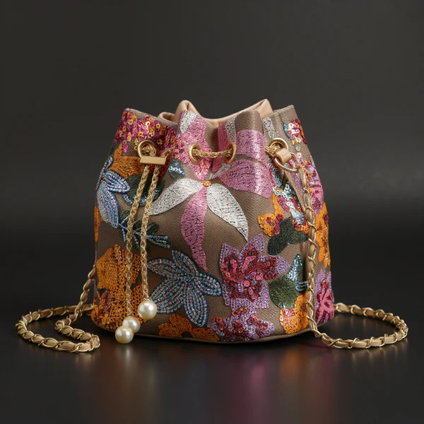 TrendAura Carmelle Sequin Bag - Hand Embellished Cascading Sequins With Metallic Drawstring For Dazzling Night Out