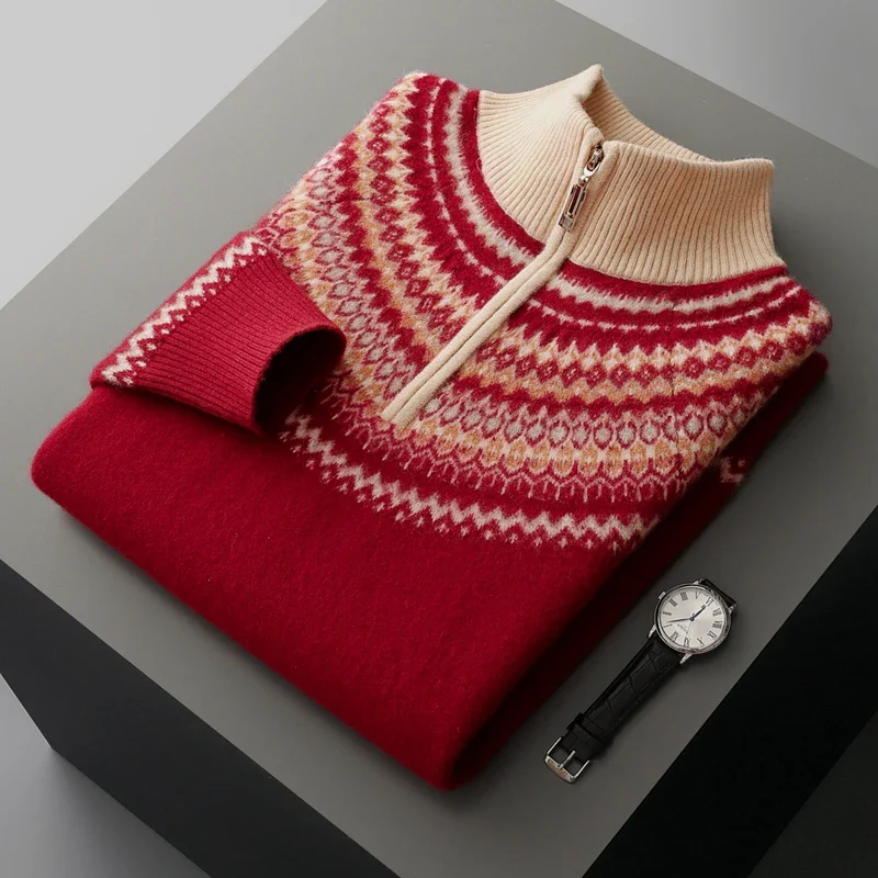 Émaric Half Zip Wool Sweater For Men By TrendAura With Textured Knit Zip Collar Premium Wool Blend Breathable Warmth