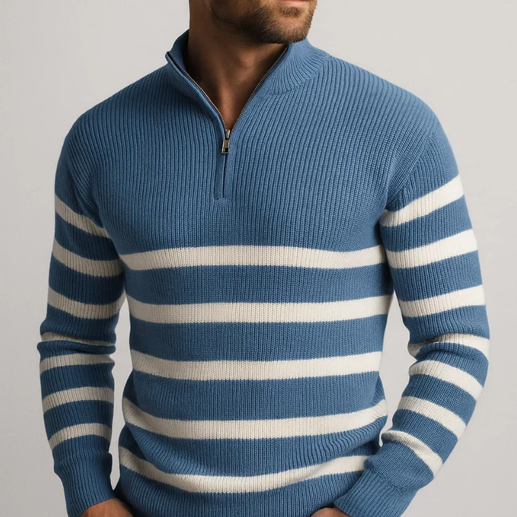 TrendAura Carlier Striped Zip Sweater For Men Black Knit With White Horizontal Stripes And Half Zip Collar