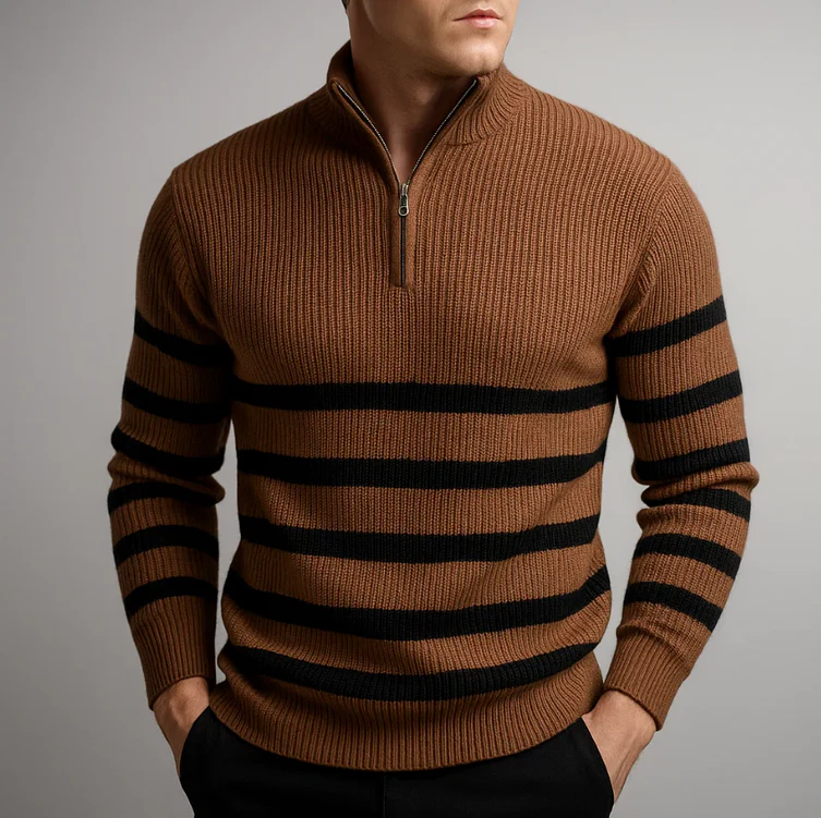 TrendAura Carlier Striped Zip Sweater For Men Black Knit With White Horizontal Stripes And Half Zip Collar