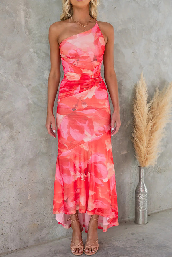 Woman Asymmetric Dress - Single Shoulder - A-line Fit - Floral Design