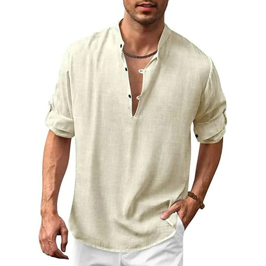 TrendAura Mens Long Sleeve Collared Shirt Versatile Linen Look For Casual To Formal Wear Wardrobe Essential