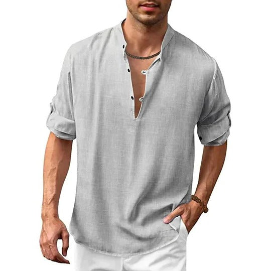 TrendAura Mens Long Sleeve Collared Shirt Versatile Linen Look For Casual To Formal Wear Wardrobe Essential