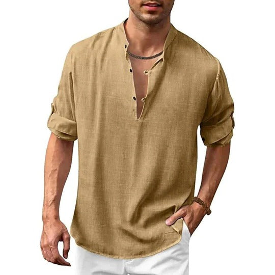TrendAura Mens Long Sleeve Collared Shirt Versatile Linen Look For Casual To Formal Wear Wardrobe Essential