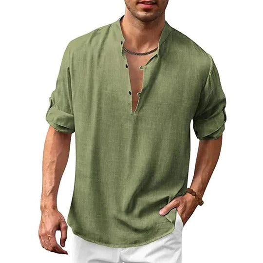 TrendAura Mens Long Sleeve Collared Shirt Versatile Linen Look For Casual To Formal Wear Wardrobe Essential
