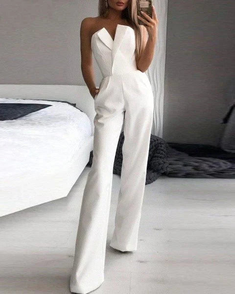 Women's Jumpsuit - Strapless - Heart Cutout - Tailored - Wide Legs - Elegant Look