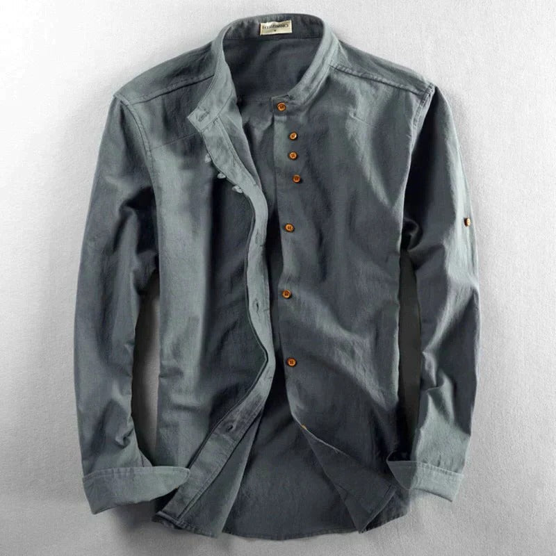 TrendAura Japanese Style Collarless Shirt For Men Traditional Inspired Minimal Detailing With Structured Fit