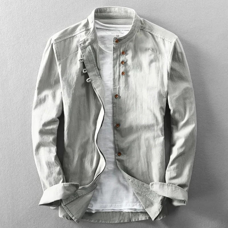 TrendAura Japanese Style Collarless Shirt For Men Traditional Inspired Minimal Detailing With Structured Fit