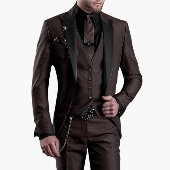 Mens Burgundy Wedding Guest Suit Three Piece Set With Black Lapels Tailored Fit By TrendAura