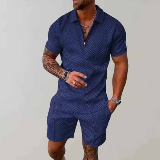 TrendAura Mens Two Piece Summer Set Short Sleeve Shirt With Collar And Matching Shorts Regular Fit Casual Wear