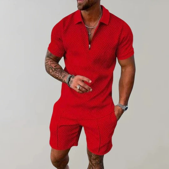 TrendAura Mens Two Piece Summer Set Short Sleeve Shirt With Collar And Matching Shorts Regular Fit Casual Wear