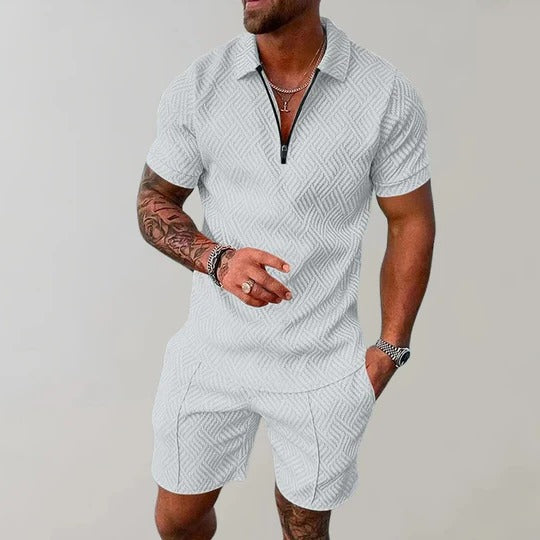TrendAura Mens Two Piece Summer Set Short Sleeve Shirt With Collar And Matching Shorts Regular Fit Casual Wear