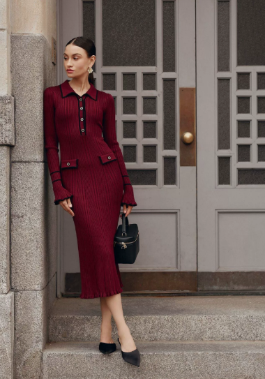 Women's Ribbed Polo Collar Midi Dress with Button Closure and Comfortable Fit