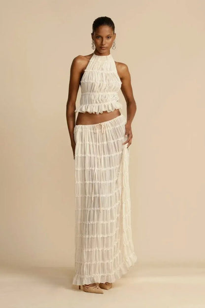 Women's Two-piece Set - Halterneck Top with Ruffles - Long Pleated Skirt - Elegant Look