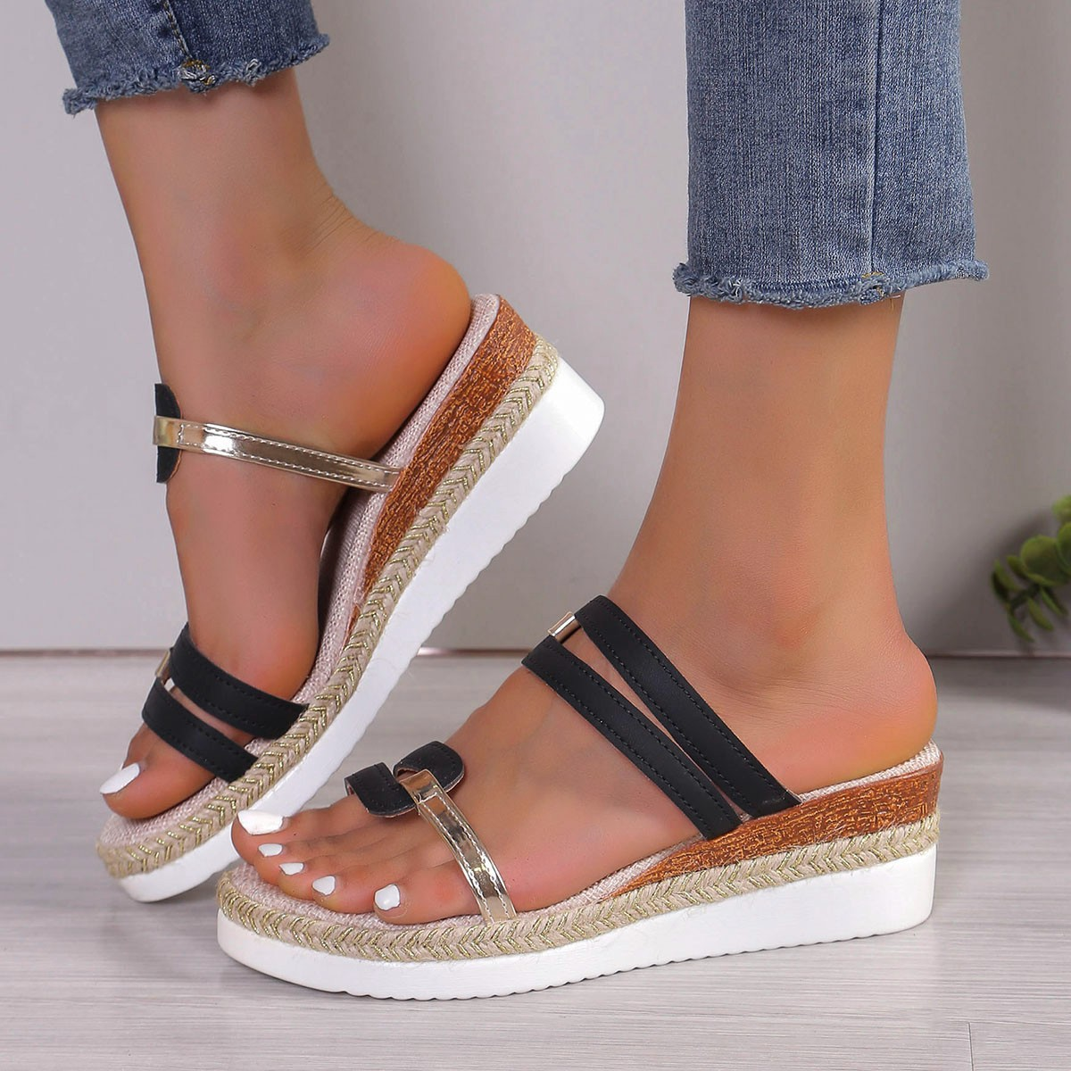 Women's Platform Sandals with Rhinestone Detail and Adjustable Straps