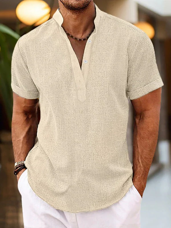 TrendAura Mens Short Sleeve Shirt With Placket Mandarin Collar For Casual Everyday Wear