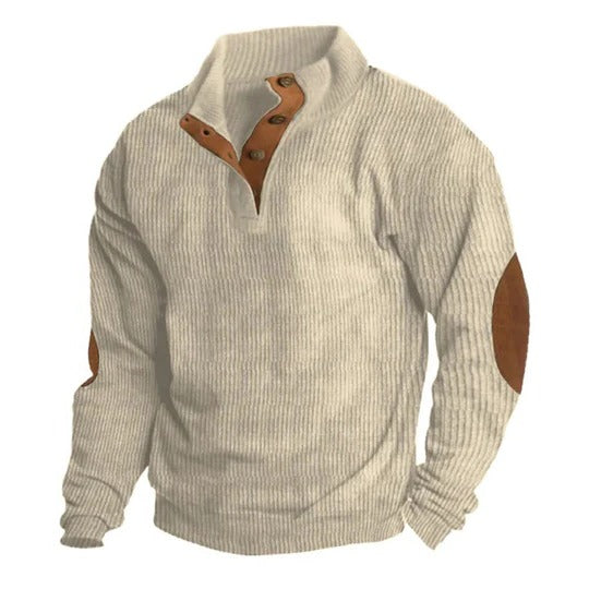 TrendAura Men's Stand Collar Pullover Sweater With Three Button Placket Front And Textured Knit In Neutral Tones