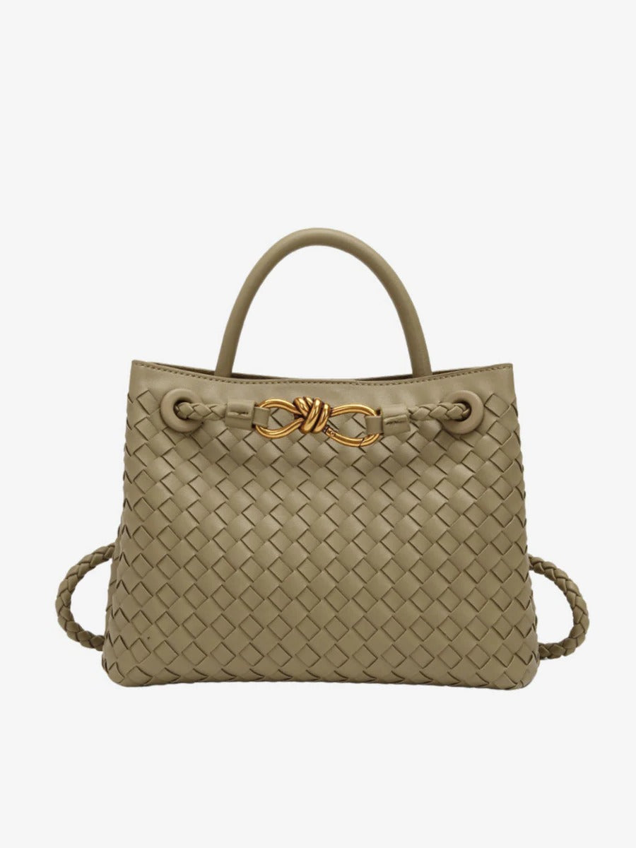 TrendAura Woven Handbag - Structured Black Tote With Dual Carry Straps And Gold Knot Accent