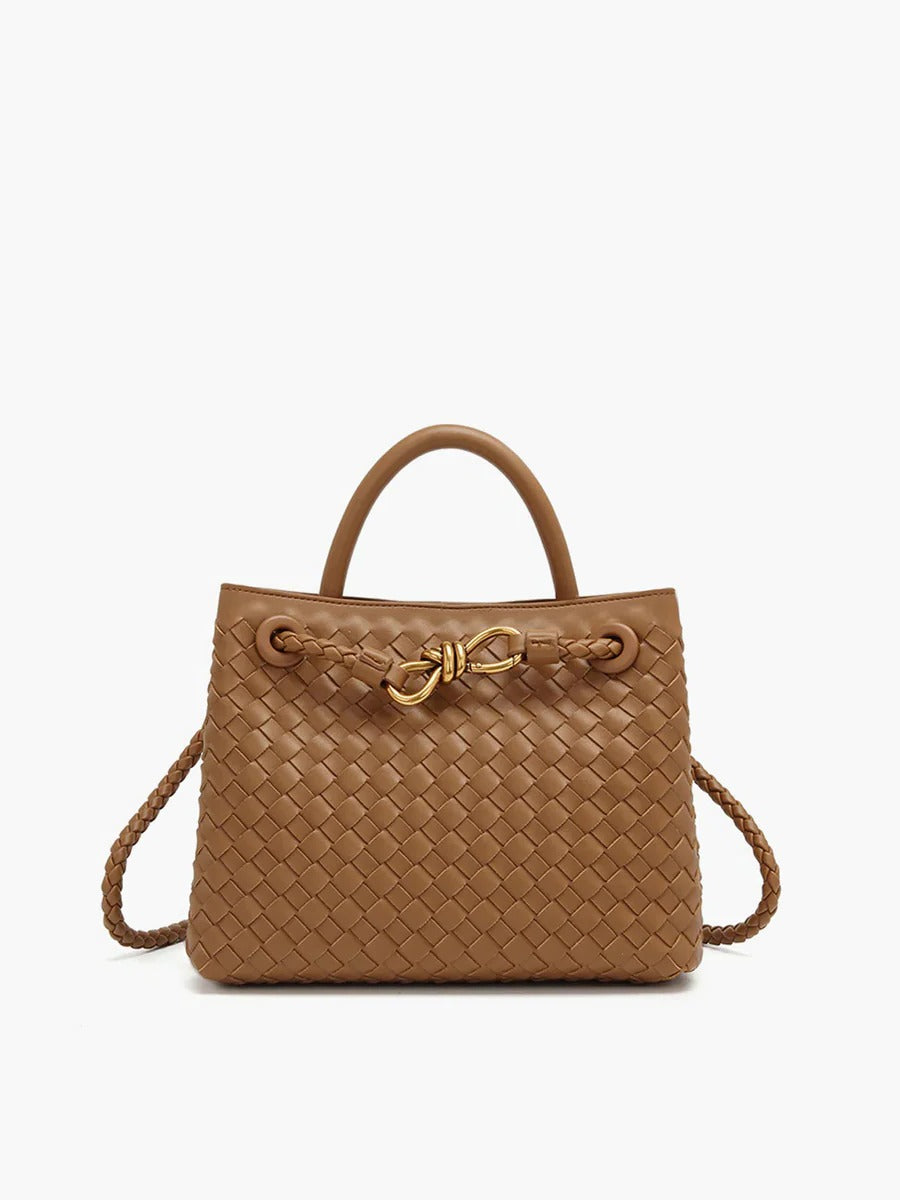 TrendAura Woven Handbag - Structured Black Tote With Dual Carry Straps And Gold Knot Accent