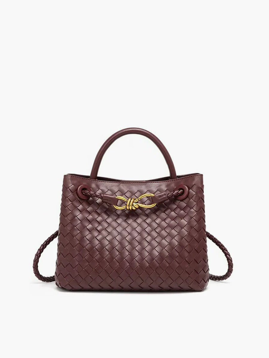 TrendAura Woven Handbag - Structured Black Tote With Dual Carry Straps And Gold Knot Accent