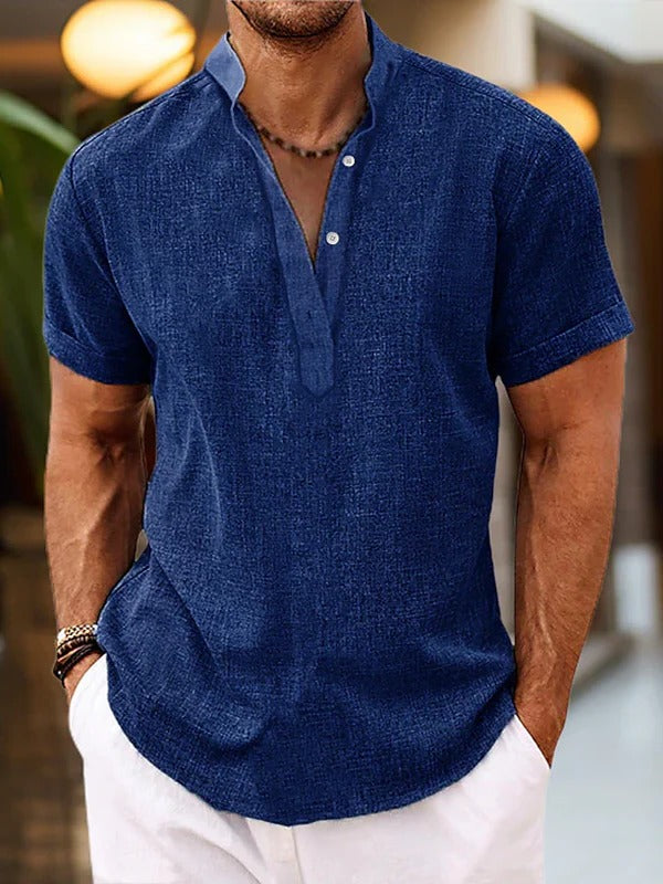 TrendAura Mens Short Sleeve Shirt With Placket Mandarin Collar For Casual Everyday Wear