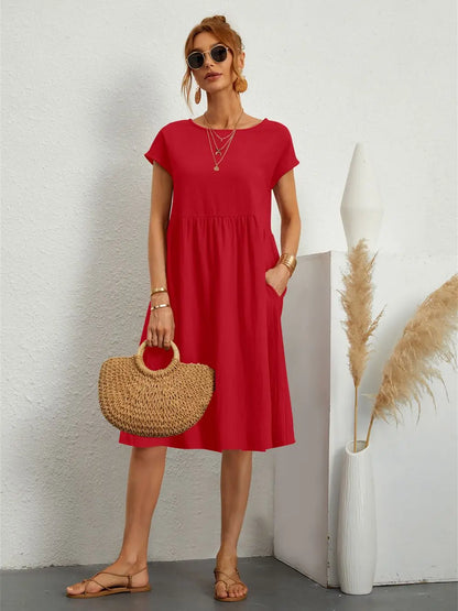 Women's Casual Dress with Pockets and Short Sleeves - TrendAura