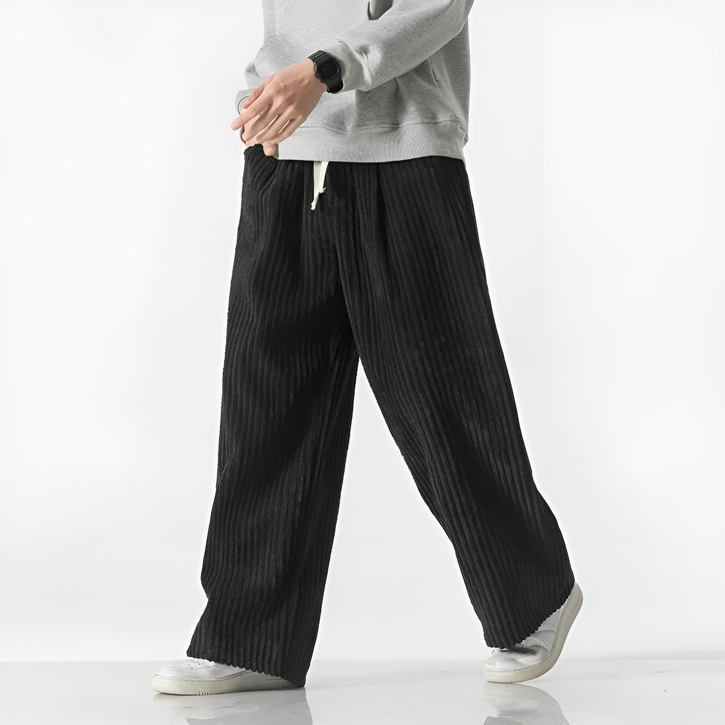 TrendAura Drift Relaxed Corduroy Pants - Densely Ribbed Texture For Depth And Elastic Drawstring Waist