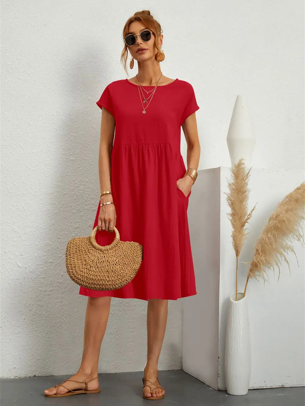 Women's Casual Dress with Pockets and Short Sleeves