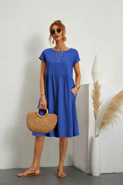 Women's Casual Dress with Pockets and Short Sleeves