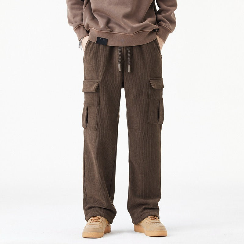 TrendAura Men's Cargo Pants With Elastic Drawstring Waist Relaxed Wide Leg Fit And Ribbed Texture For Everyday Comfort