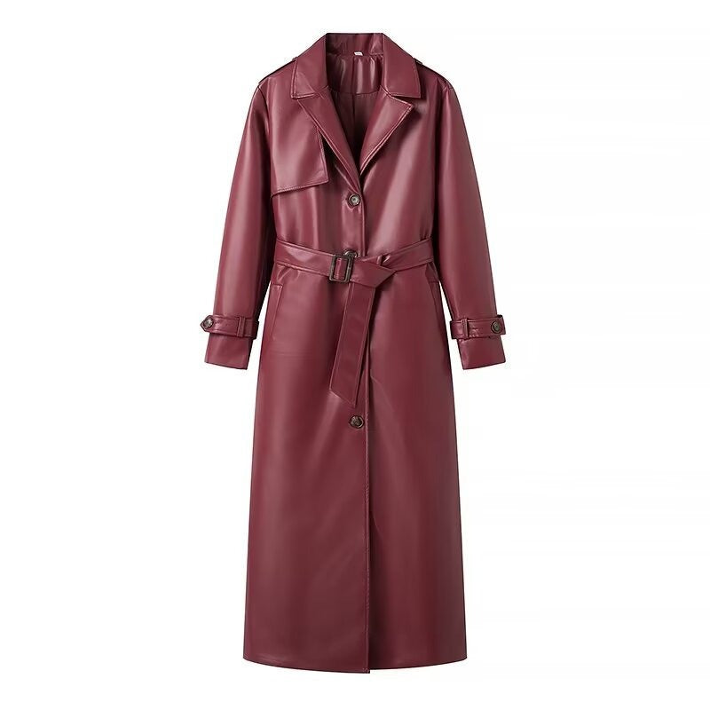 Women’s Trench Coat - Faux Leather - Maxi Length - Notched Lapel