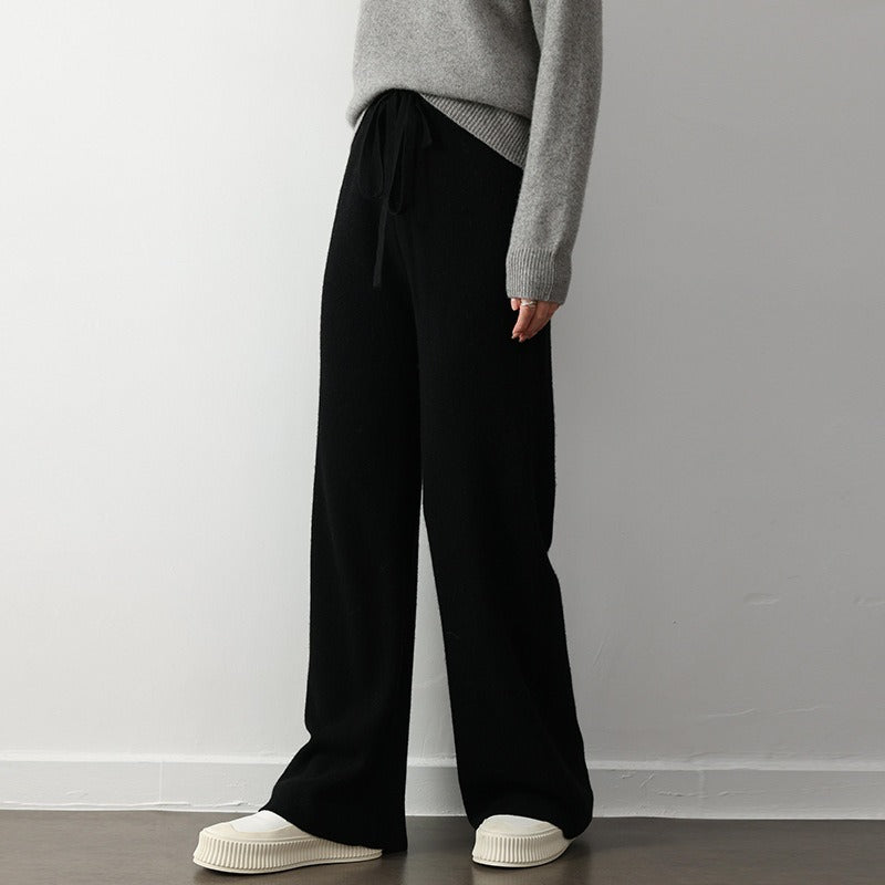 Women’s Knit Pants – Relaxed Fit – Wide Leg – Ribbed Texture – Elastic Drawstring Waist