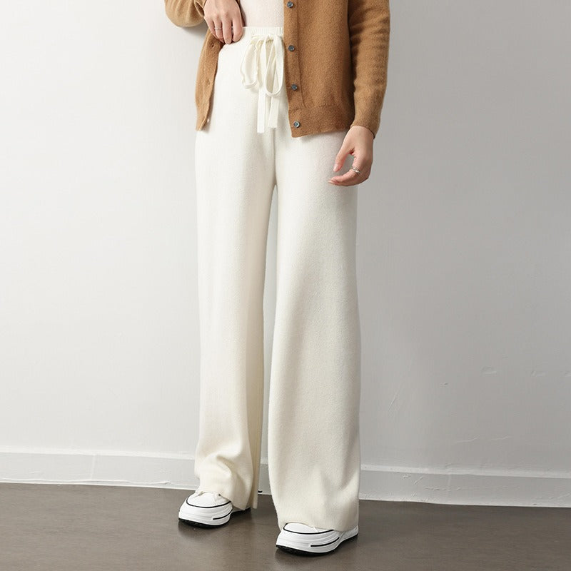 Women’s Knit Pants – Relaxed Fit – Wide Leg – Ribbed Texture – Elastic Drawstring Waist