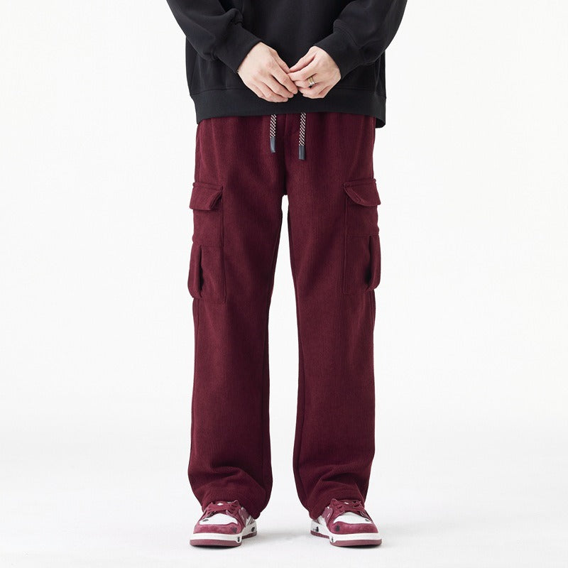 TrendAura Men's Cargo Pants With Elastic Drawstring Waist Relaxed Wide Leg Fit And Ribbed Texture For Everyday Comfort