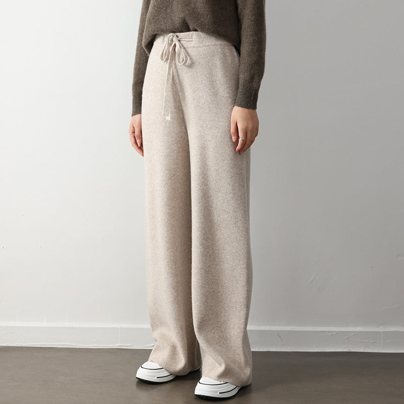 Women’s Knit Pants – Relaxed Fit – Wide Leg – Ribbed Texture – Elastic Drawstring Waist